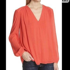 FLAWED Lewit Red V-neck Shirred Long Sleeve Blouse size Medium